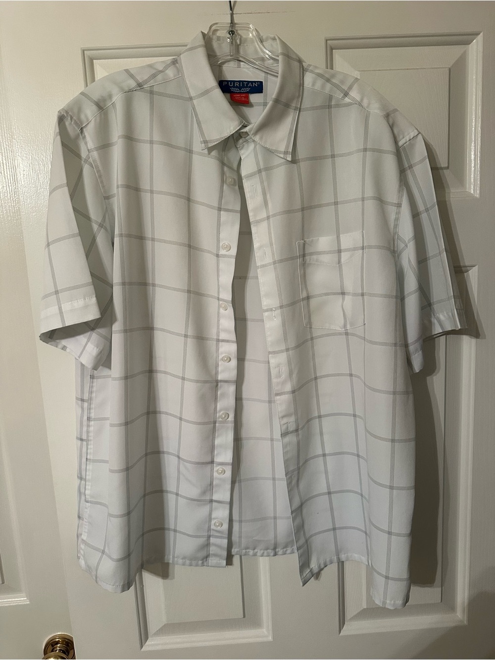 Puritan White Short-Sleeve Button-Down with Light Gray Windowpane